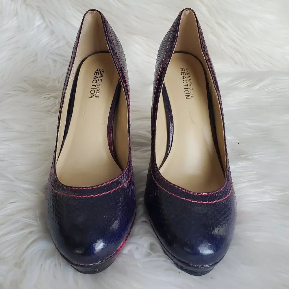 Kenneth Cole Reaction Purple Embossed Snakeskin Block High Heel Shoes SZ 8 - Picture 4 of 13